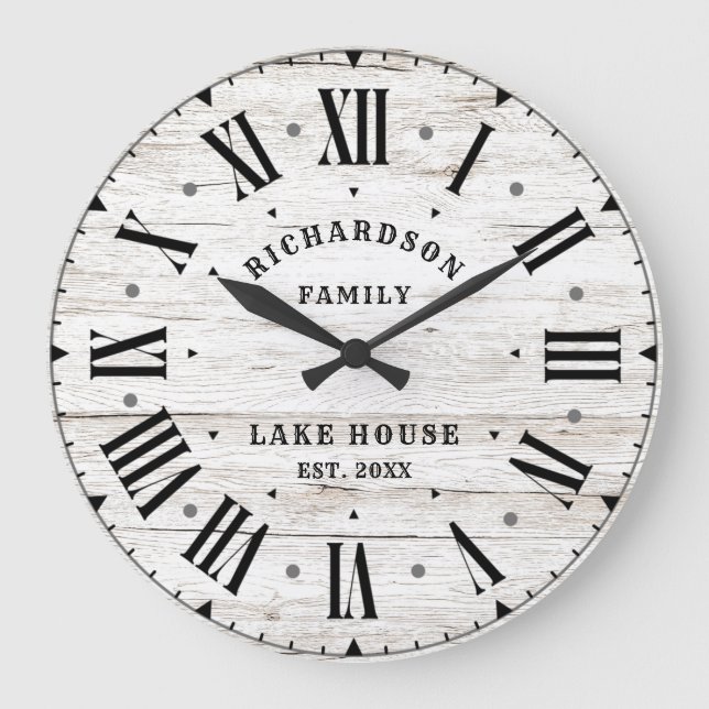 Rustikales Bauernhaus Weißer Barnholz Personalisie Große Wanduhr (Vorderseite)