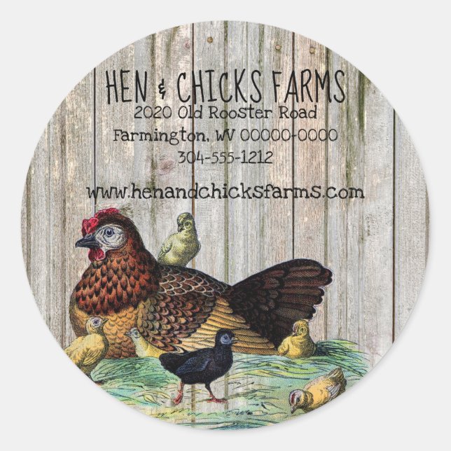 Rustikales Bauernstil-Label für Henne & Chicks auf Runder Aufkleber (Vorderseite)