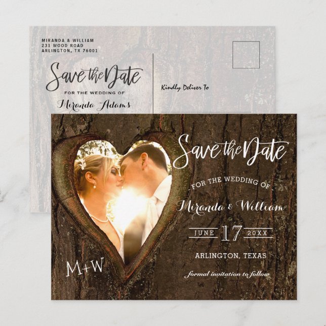 Rustikales Baumherz-Foto Save the Date Hochzeit Po Postkarte (Vorne/Hinten)