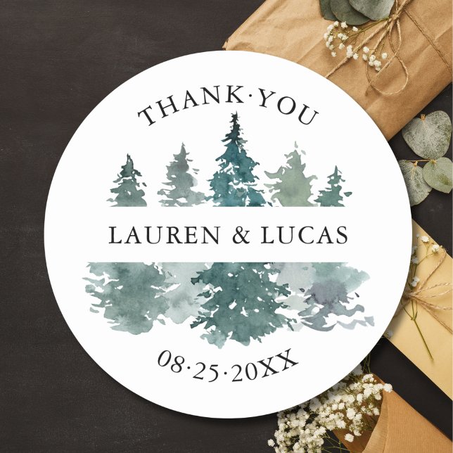 Rustikales Baumwald Waldland Vielen Dank für Ihre  Runder Aufkleber (Rustic Trees Forest Woodland Mountain Thank You Wedding Classic Round Sticker)