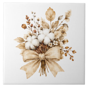 Rustikales Baumwoll- und Trockenblumen-Herbstbouqu Fliese