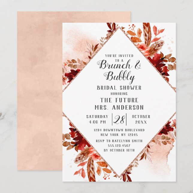 Rustikales Beauty Floral Brunch & Bubbly Brautpart Einladung (Vorne/Hinten)