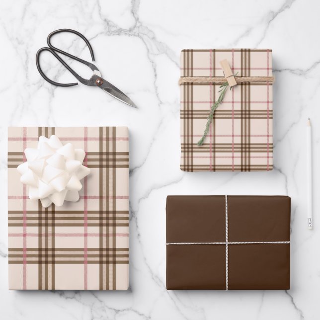 Rustikales Beige Brown Tartan Kariertes Wrapping P Geschenkpapier Set (Vorderseite)