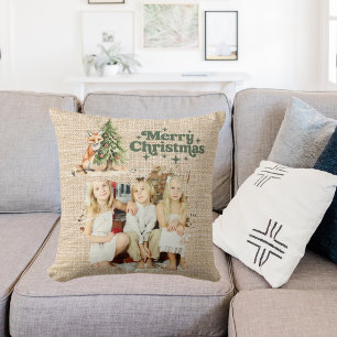 Rustikales Beige Burlap Foto Fun Grün Weihnachten Kissen