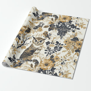 Rustikales Beige-Eulen-Wald-Blumenmuster Geschenkpapier