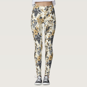 Rustikales Beige-Eulen-Wald-Blumenmuster Leggings