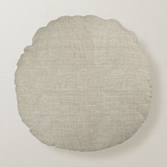 Rustikales beige Leinen gedruckt Rundes Kissen (Vorderseite)