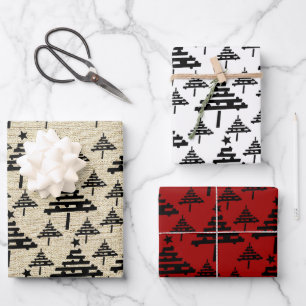 Rustikales Beige Schwarz Rot Weihnachtsbaum Muster Geschenkpapier Set