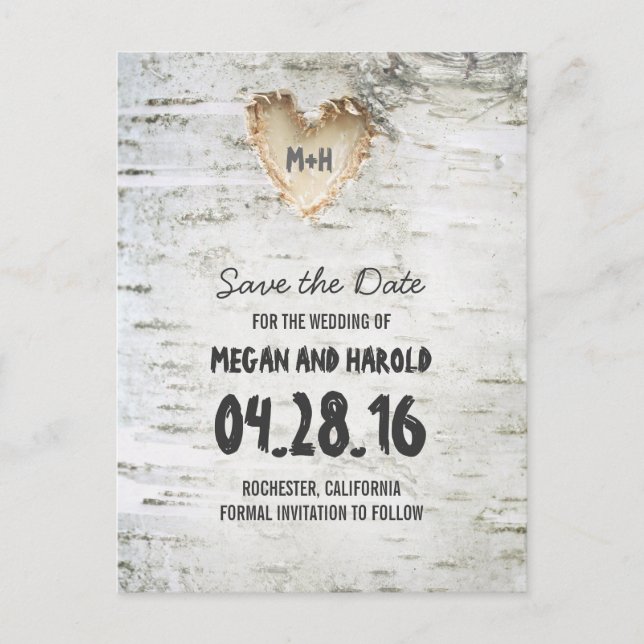 Rustikales Birch Bark Herz Save the Date Ankündigungspostkarte (Vorderseite)