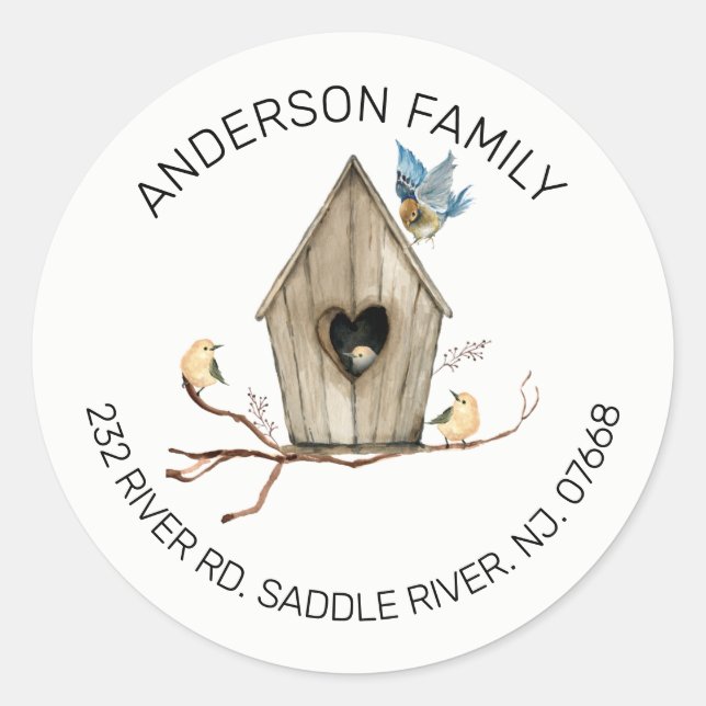 Rustikales Birdhouse | Neue Zuhause-Adressenaufkle Runder Aufkleber (Vorderseite)
