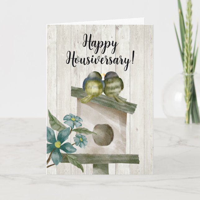 Rustikales Birdhouse Watercolor Happy Housiversary Dankeskarte (Vorderseite)