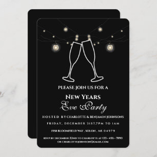 Rustikales Black String Lights Silvester Party Einladung