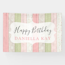 Rustikales Blatt Grün rosa Blumenholz Happy Birthd Banner