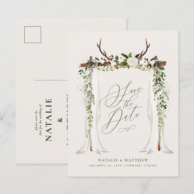 Rustikales Blattwerk botanische Hochzeit speichern Ankündigungspostkarte (Vorne/Hinten)