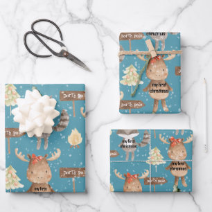 Rustikales Blau Baby Erstes Weihnachten Tiere Name Geschenkpapier Set