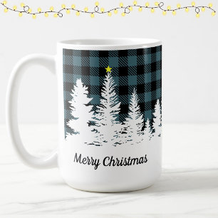 Rustikales Blau Buffalo Karo Weihnachtswald Frohe Kaffeetasse