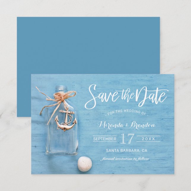 Rustikales Blau, Flasche, Anker, Strand Save the D Einladung (Vorne/Hinten)