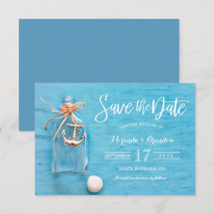 Rustikales Blau, Flasche, Anker, Strand Save the D Einladung