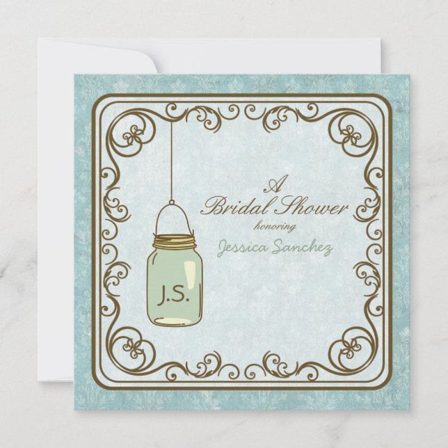 Rustikales Blau- und Braun-Mason-Jar-Brautparty Einladung (Vorderseite)