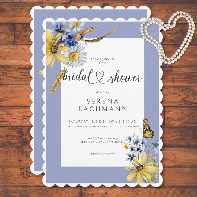 Rustikales Blau und Gelbe Wildblumen Brautparty Einladung (Rustic Blue & Yellow Wildflowers Bridal Shower Invitation)