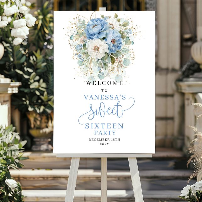 Rustikales Blau und Gold Willkommensschild zum 16. Poster (Rustic Blue and Gold 16th Birthday Welcome Sign)