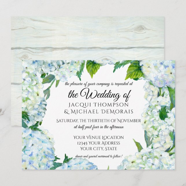 Rustikales Blau und Weiß Hydrangea Wreath Blumenho Einladung (Vorne/Hinten)