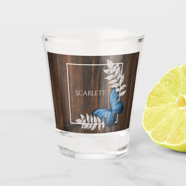 Rustikales Blauer Schmetterling-Personalisiertes S Schnapsglas (Vorderseite)