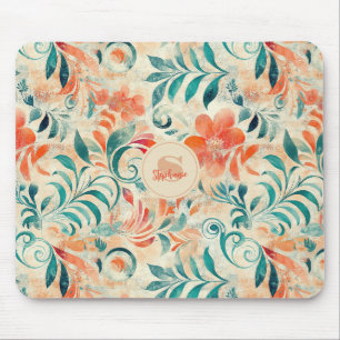 Rustikales blaues Blätter und roorfarbenes Blumenm Mousepad