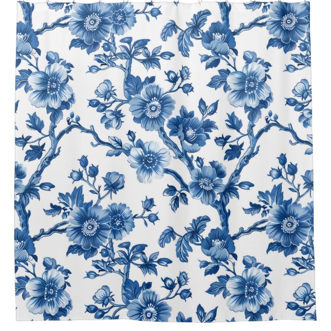Rustikales blaues Blumenmuster Duschvorhang (Vorderseite)