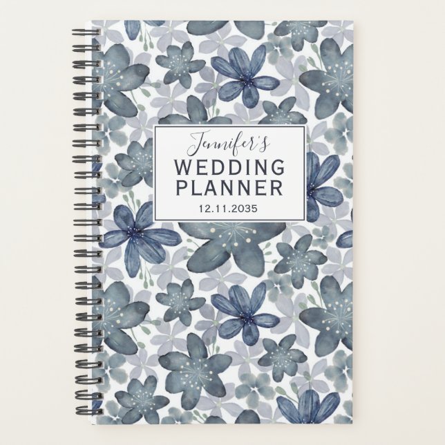 Rustikales, blaues Blumenmuster Hochzeitsplaner Planer (Vorderseite)