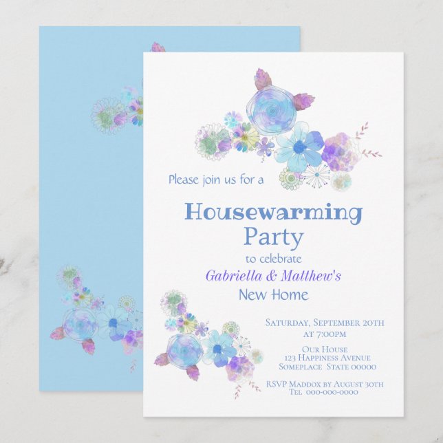 Rustikales blaues Blumenwasser Wasserfarben Party Einladung (Vorne/Hinten)