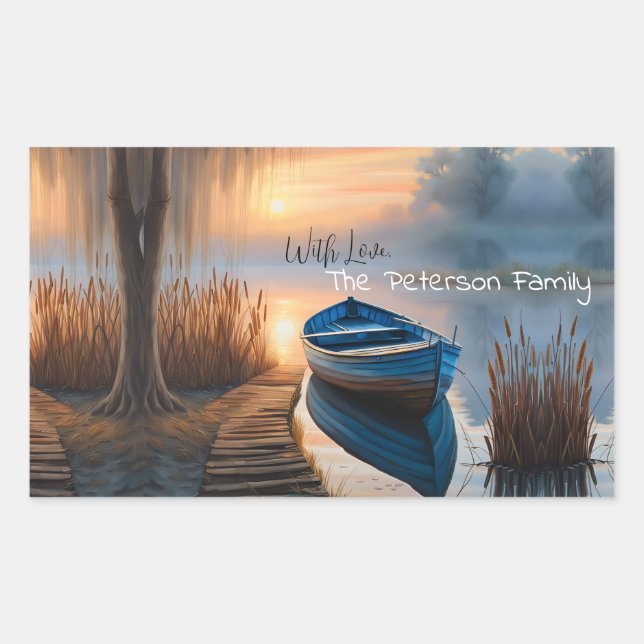 Rustikales blaues Boot Morning Sky Reflektion Rechteckiger Aufkleber (Vorderseite)