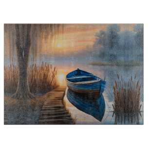 Rustikales blaues Boot Morning Sky Reflektion Schneidebrett