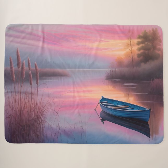 Rustikales blaues Boot rosa Himmel Reflexion Sherpadecke (Vorderseite (Horizontal))