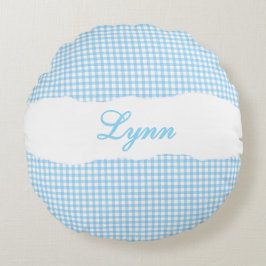 Rustikales blaues Gingham mit personalisiertem Nam Rundes Kissen