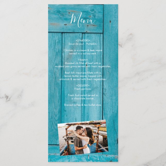 Rustikales blaues Holz 4 Fotos Hochzeit Menükarte (Vorderseite)
