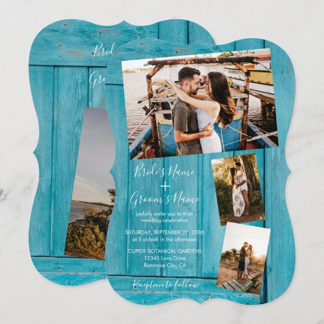 Rustikales blaues Holz 4 Fotos Hochzeitseinladunge Einladung (Vorne/Hinten)