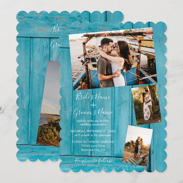 Rustikales blaues Holz 4 Fotos Hochzeitseinladunge Einladung (Vorne/Hinten)