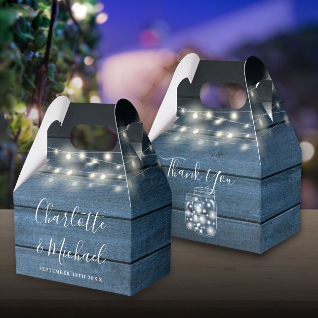 Rustikales blaues Holz Geschenkschachtel (Rustic Blue Wood String Lights Wedding Favor Box)