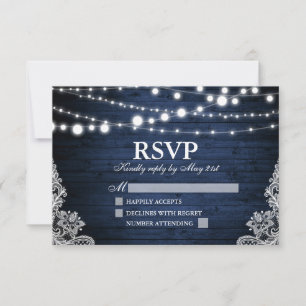 Rustikales blaues Holz Lights Lace Wedding RSVP Karte