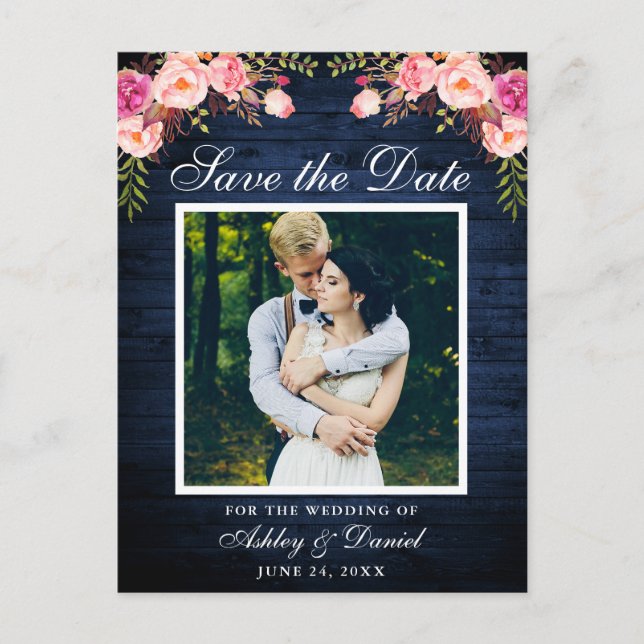 Rustikales blaues Holz Rosa Save the Date Foto Ankündigungspostkarte (Vorderseite)