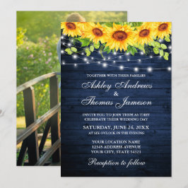 Rustikales blaues Holz Sonnenblumen Blumen Foto Einladung