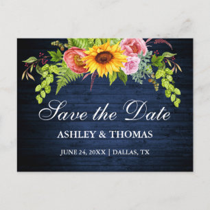 Rustikales blaues Holz Sonnenblumen Save the Date Einladungspostkarte