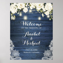 Rustikales blaues Holz Spitzen Weiße Blume Begrüßu Poster