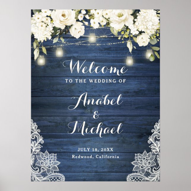 Rustikales blaues Holz Spitzen Weiße Blume Begrüßu Poster (Vorne)
