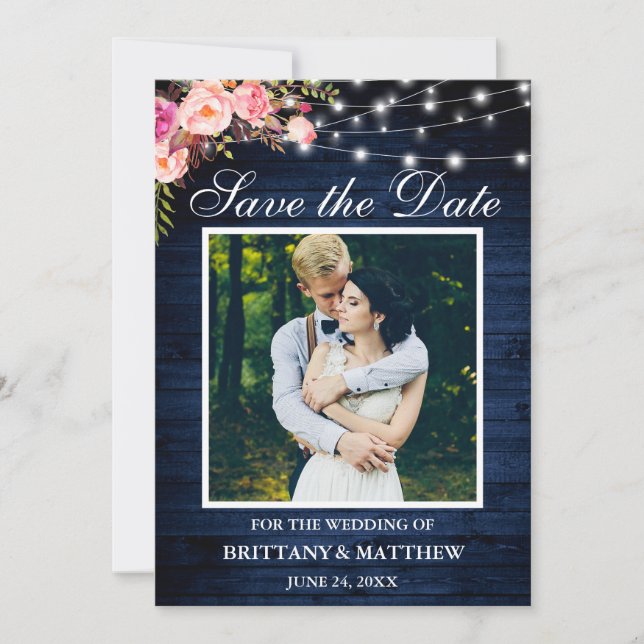 Rustikales blaues Holz Wasserfarbe Rosa Blumenleuc Save The Date (Vorderseite)