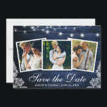 Rustikales blaues Holzleuchten Lace 3 Foto Save th Save The Date<br><div class="desc">Rustic Blue Wood String Lights und Lace 3 Foto Save the Date Verlobung Announccard</div>