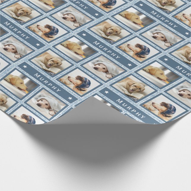 Rustikales blaues Imitat Denim 4 Foto Hundehund Na Geschenkpapier (Ecke)