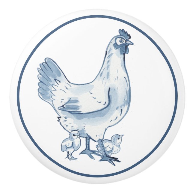 Rustikales, blaues und weißes Hühnerhühnchen Land Keramikknauf (Vorderseite)