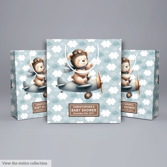 Rustikales Blue Baby Duschbeutel mit Bärenpiloten Mittlere Geschenktüte (Rustic Blue Baby Shower Gift Bag With Bear Pilot)
